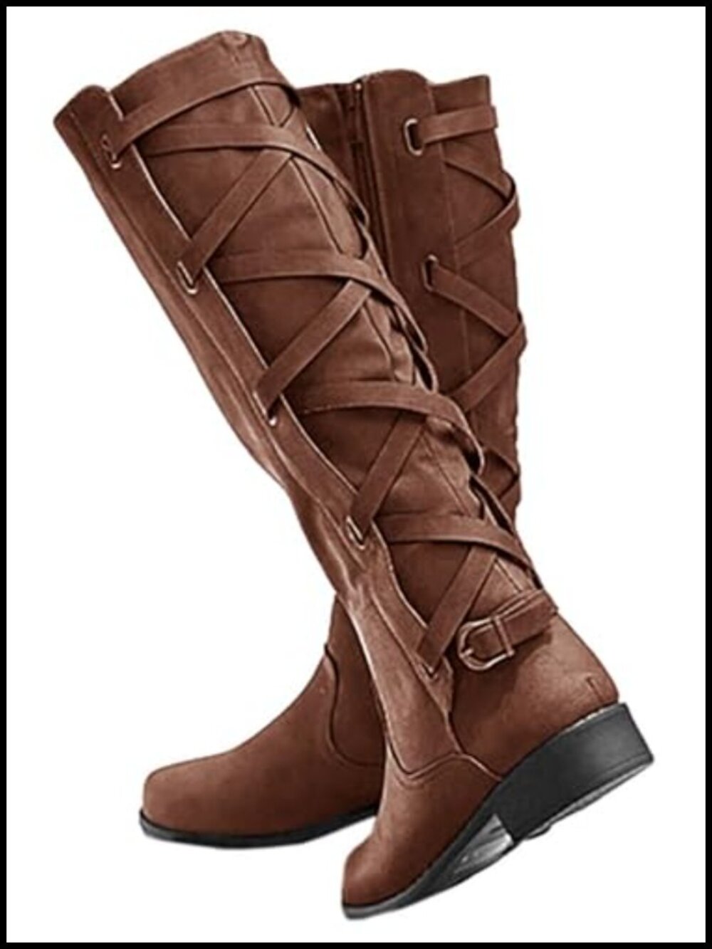 Knee High Lace Up Leather Motorcycle Boots Low Heel
